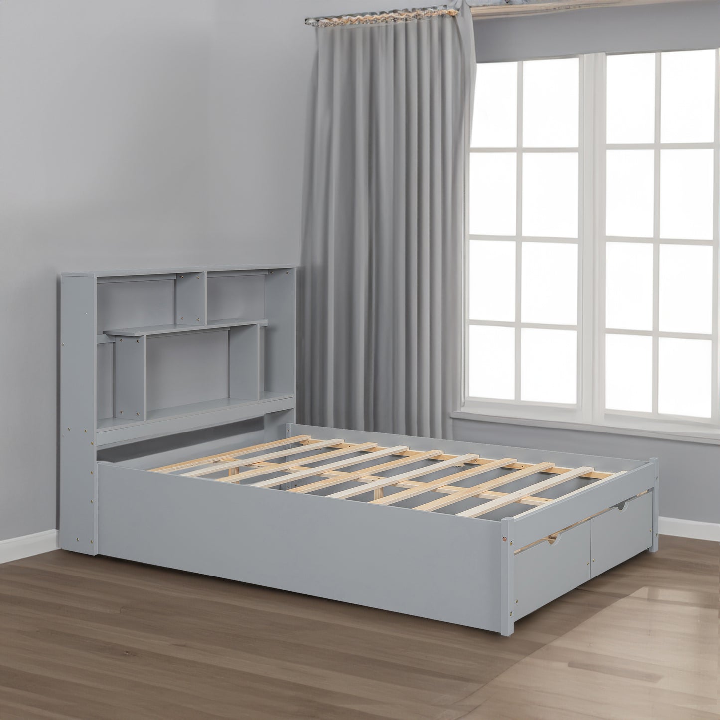 Full Size Platform Bed with Storage Headboard and 2 Drawers, Gray