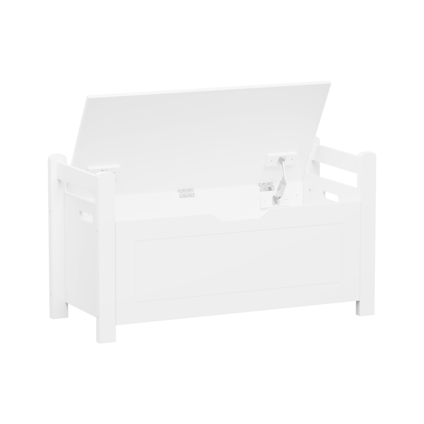 A white rubber wood children's toy box with soft cushioned seats, stools, flip covers, and safety hinges for toy storage