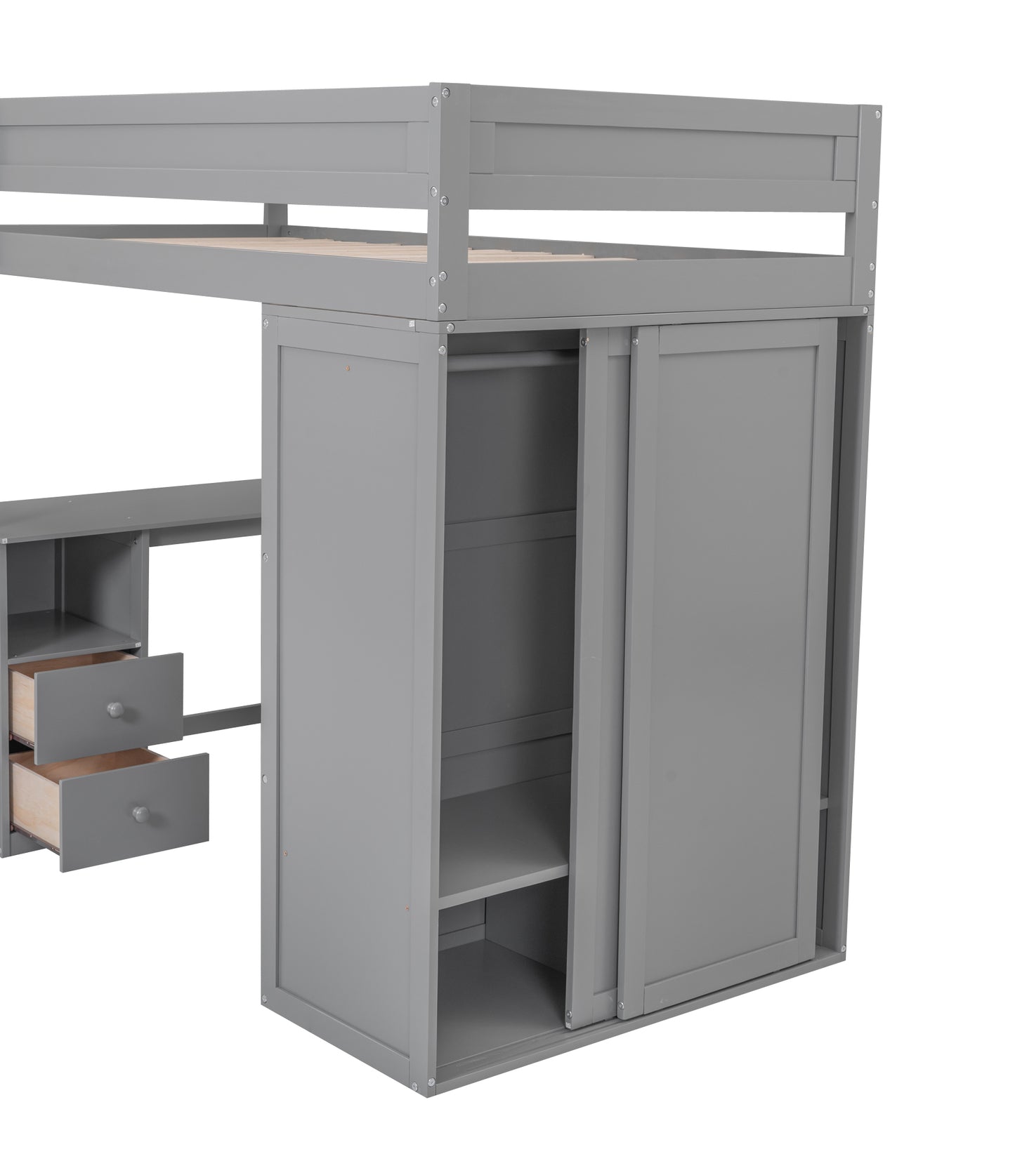 Wood Twin Size Loft Bed with Wardrobes and 2-Drawer Desk with Cabinet Gray