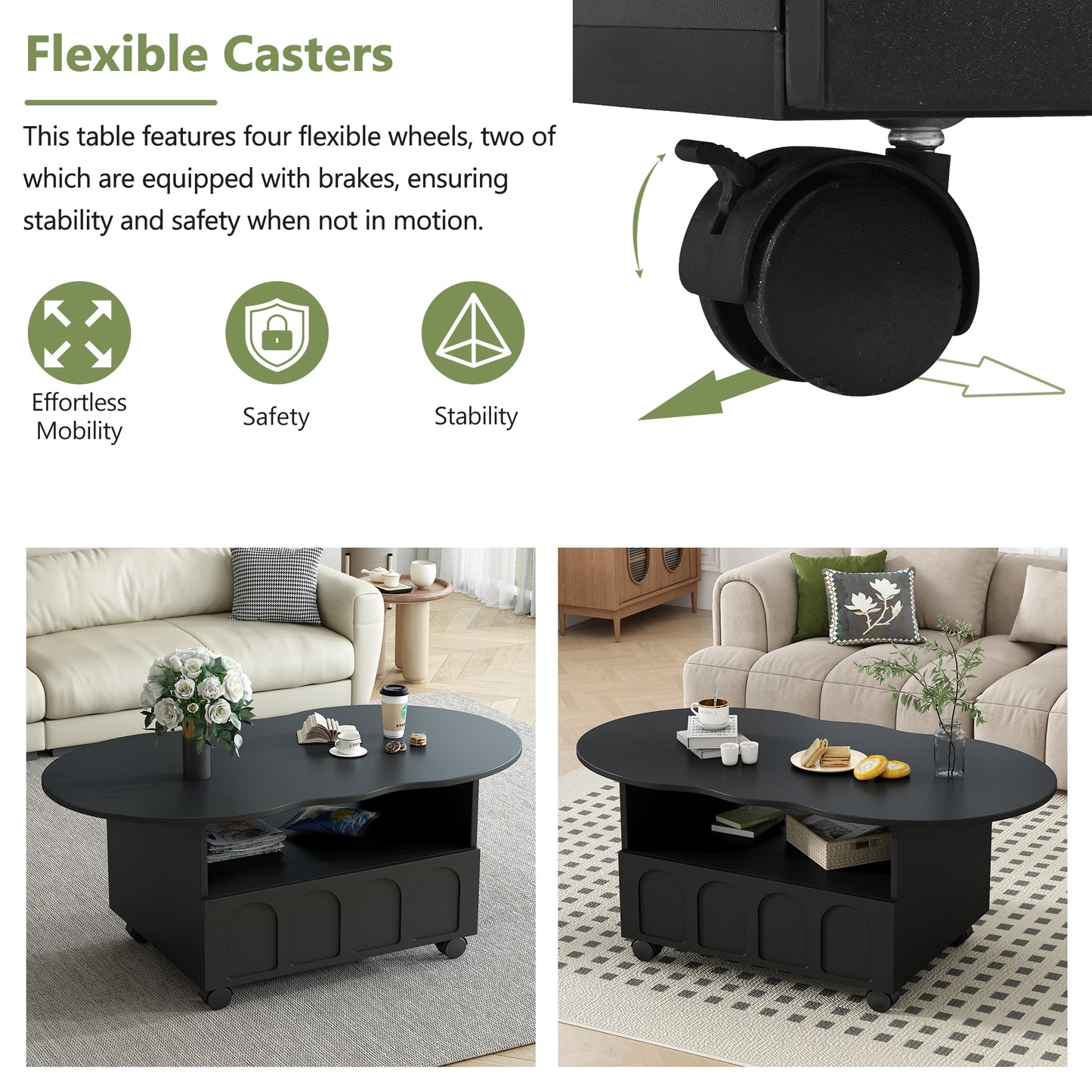 ON-TRANS flexible cream style coffee table with 2 brake wheels, drawers, large storage space,black, 39.37 '' x 23.6 ''