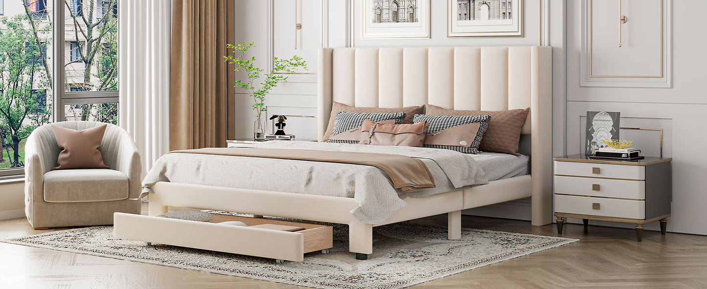 Queen Size Storage Bed Velvet Upholstered Platform Bed with a Big Drawer - Beige