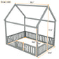 Full Size Wood House Bed with Fence and Door, Gray