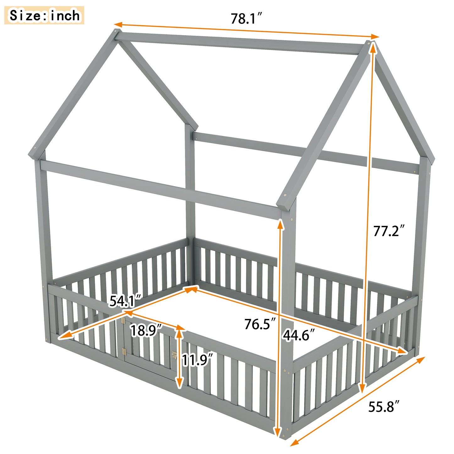 Full Size Wood House Bed with Fence and Door, Gray