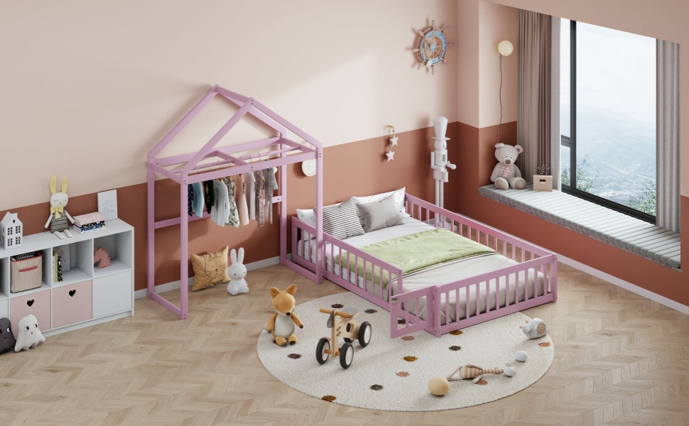 Wooden Full Size Children's Bed with Detachable Headboard and Integrated Clothes Drying Rack, Pink