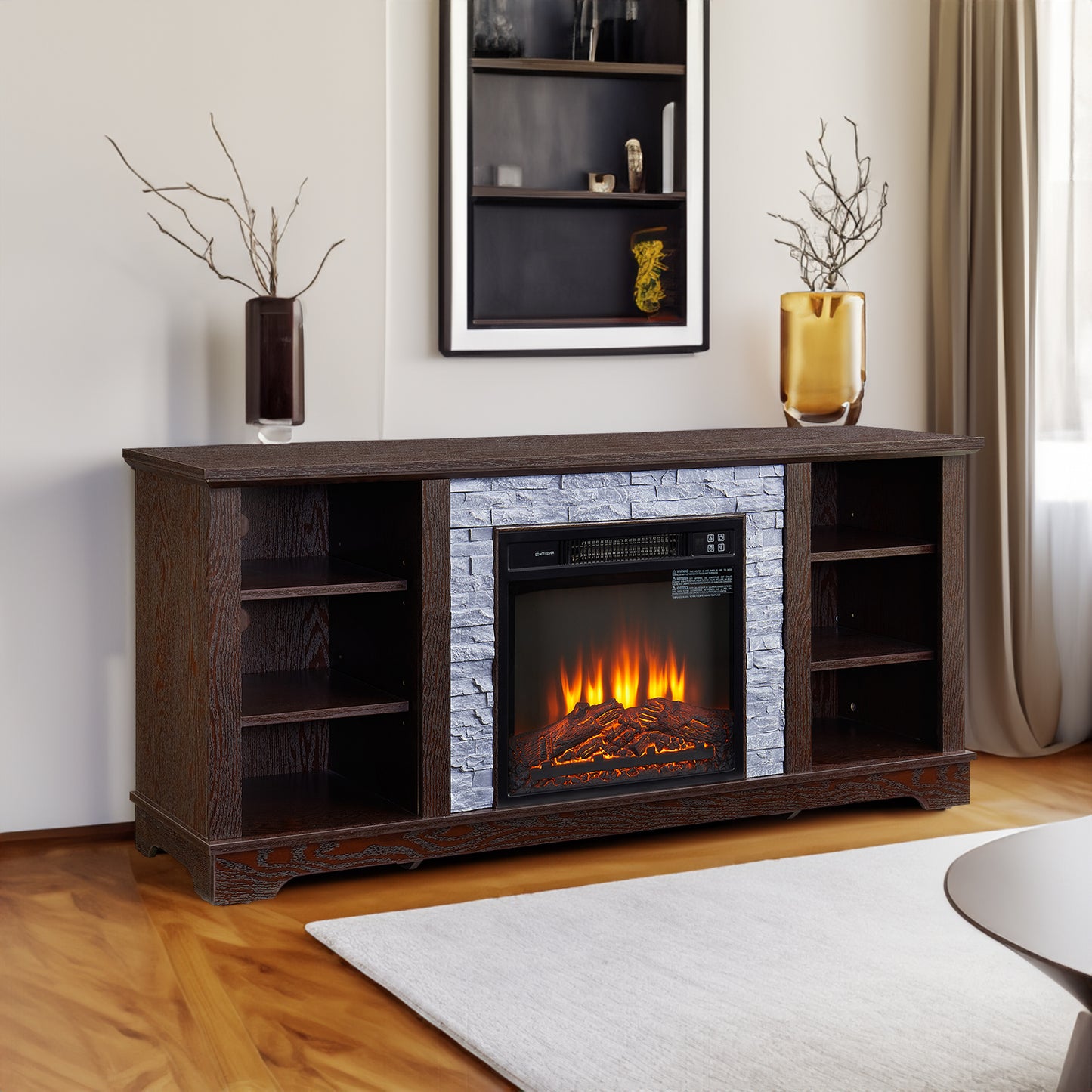 18-Inch Cherry Colored Fireplace with Open Entertainment Console, 58.31" Wide, 15.39" Deep, and 26.06" High