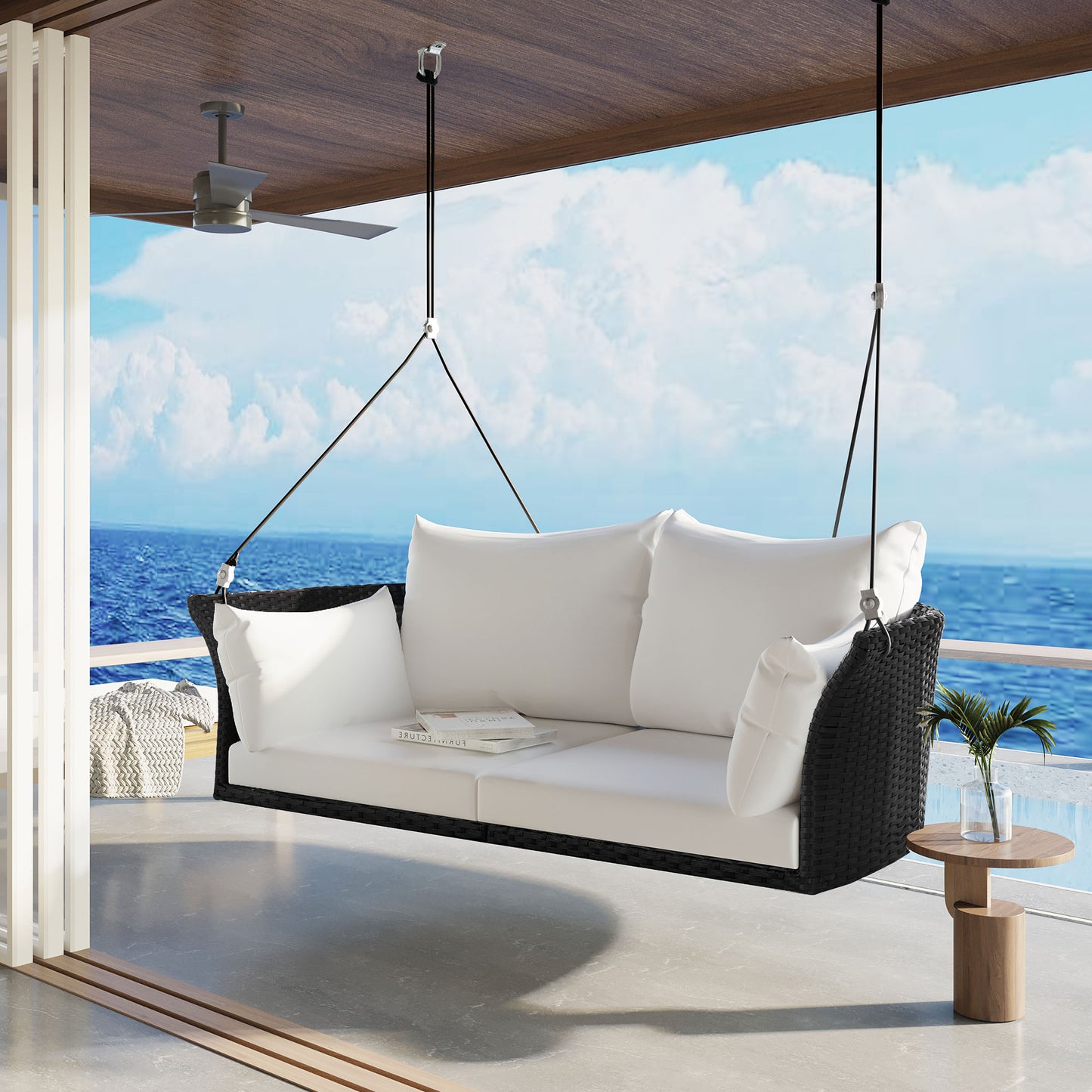 2-Person Hanging Seat, Rattan Woven Swing Chair, Porch Swing With Ropes, Black Wicker And White Cushion