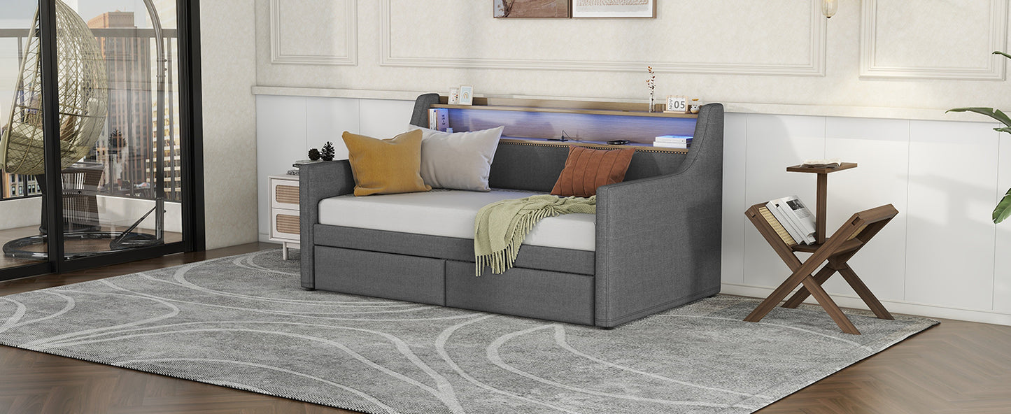 Twin Size Daybed with Storage Drawers, Upholstered Daybed with Charging Station and LED Lights, Gray