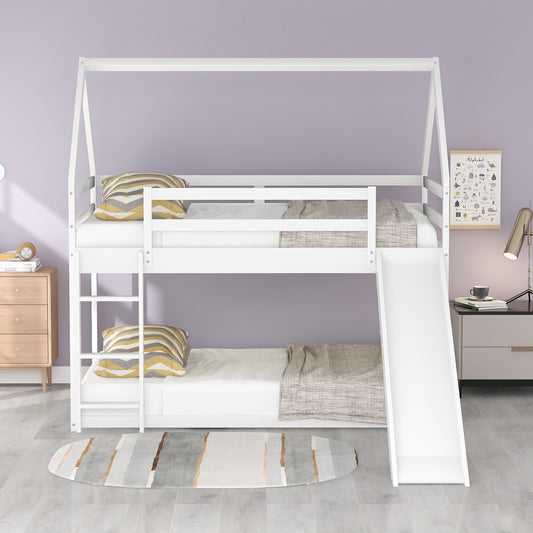 Twin Size Bunk House Bed with Slide and Ladder White