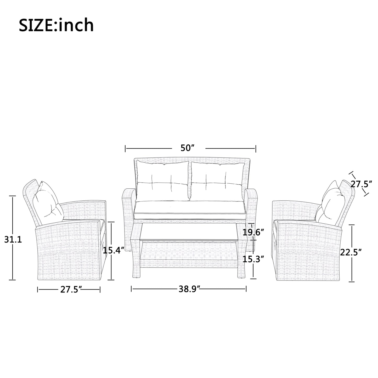 Juego de muebles de patio estilo U de 4 piezas, sofá seccional de mimbre para todo tipo de clima con otomana y cojines