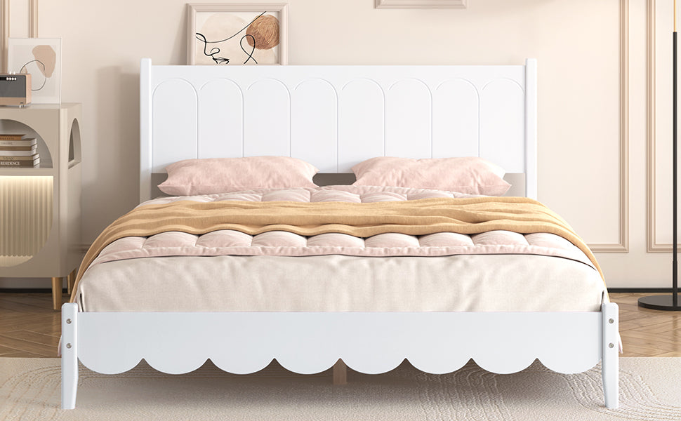 Queen Size Wood Platform Bed Frame, Retro Style Bed with Rectangular Headboard,No Need Box Spring,White