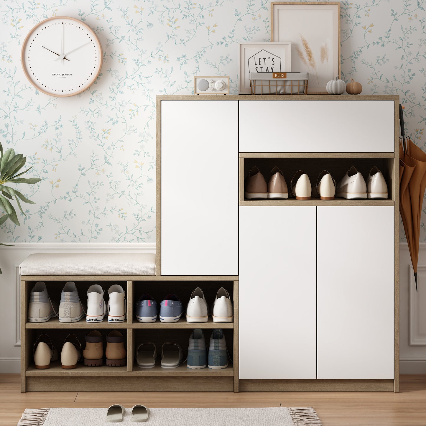 ON-TRANS 2-in-1 Shoe Storage Platform and Cabinet with Soft Cushioned Seats and Adjustable Shelves, White