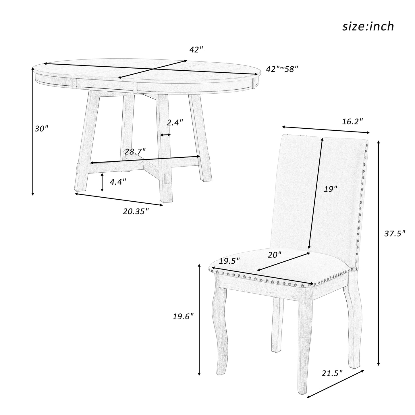 TREXM 5-Piece Farmhouse Dining Table Set with Round Extendable Table and 4 Upholstered Chairs, Natural Wood Wash