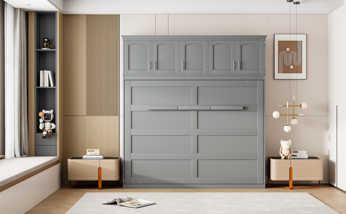 Full Size Murphy Bed Wall Bed with Top Cabinets, Gray Finish for Space-Saving Bedrooms