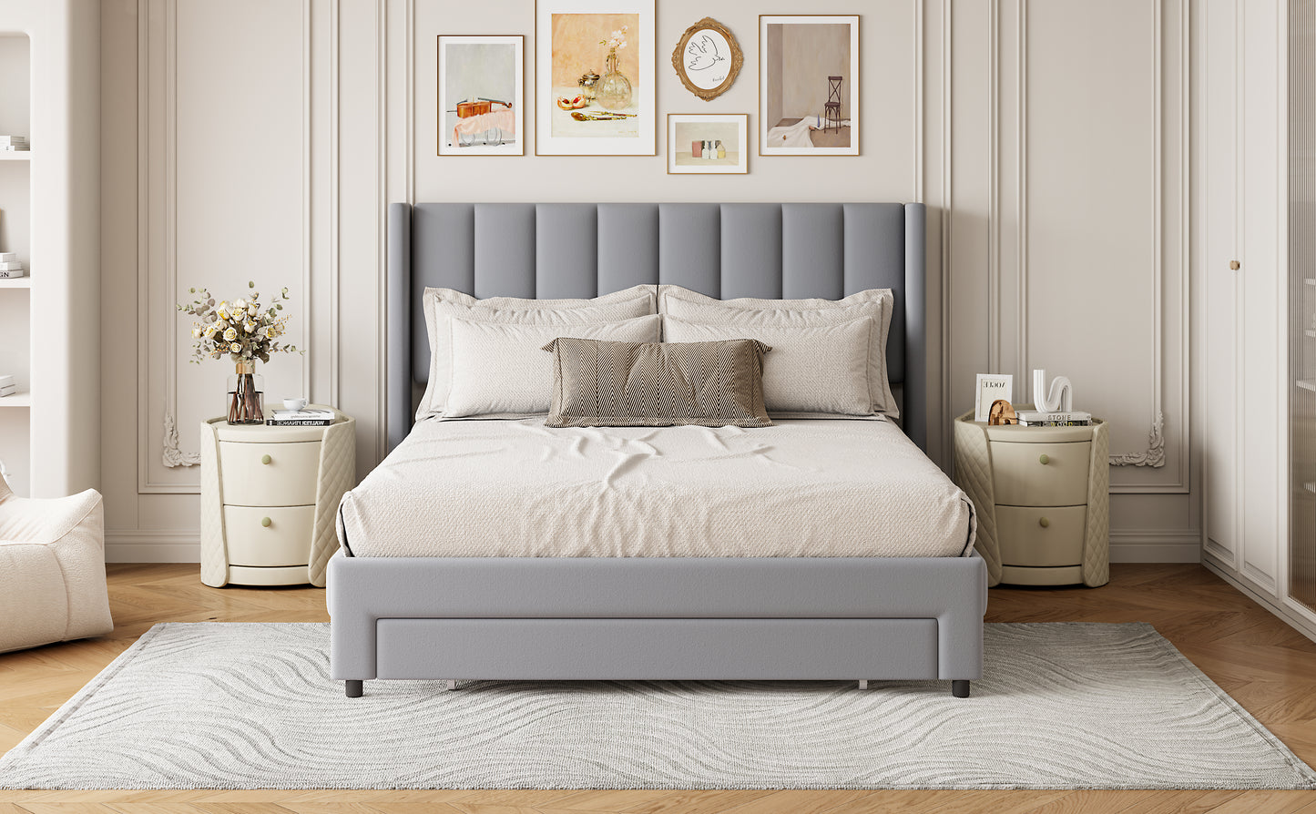 Full Size Storage Bed Velvet Upholstered Platform Bed with a Big Drawer - Gray