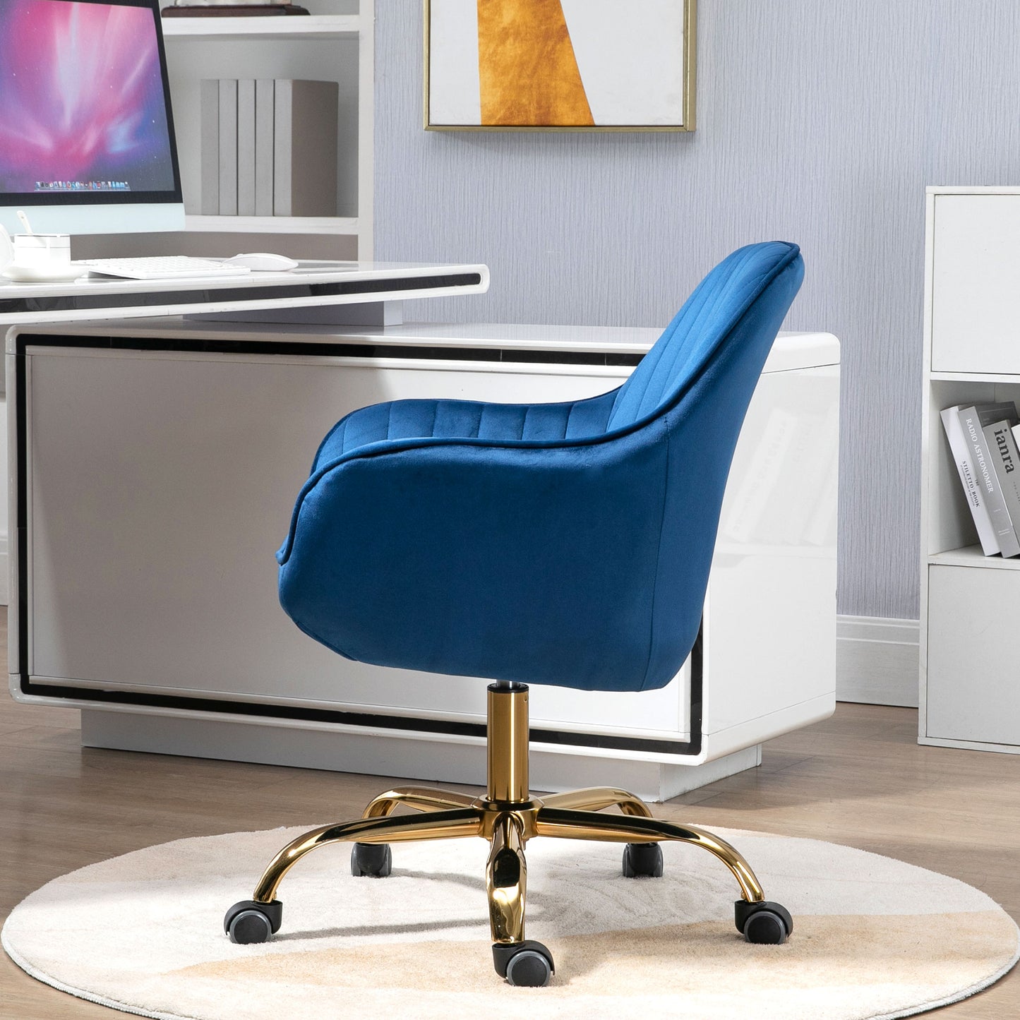 360° Dark Blue Velvet Swivel Chair With High Back Adjustable Working Chair With Golden Color Base