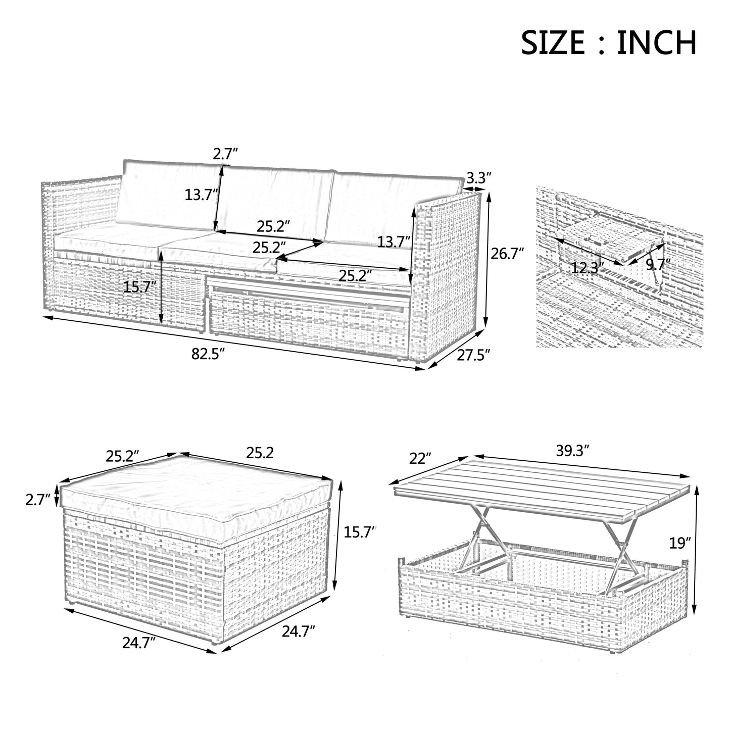 5-Piece Outdoor Patio Furniture Set with Plywood Coffee Table, Seasonal PE Wicker Design