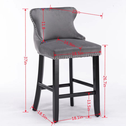 Velvet padded wing back bar stool with button tuft decoration and wooden leg chrome nail head decoration 2-piece set (gray)