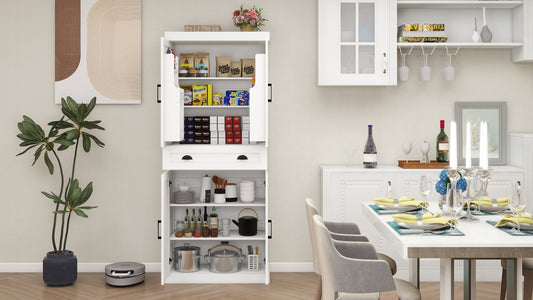 Kitchen Pantry Storage Cabinet with 4 Doors(2Doors with Racks)1 Drawer 2 Adjustable Shelves Freestanding Cupboard