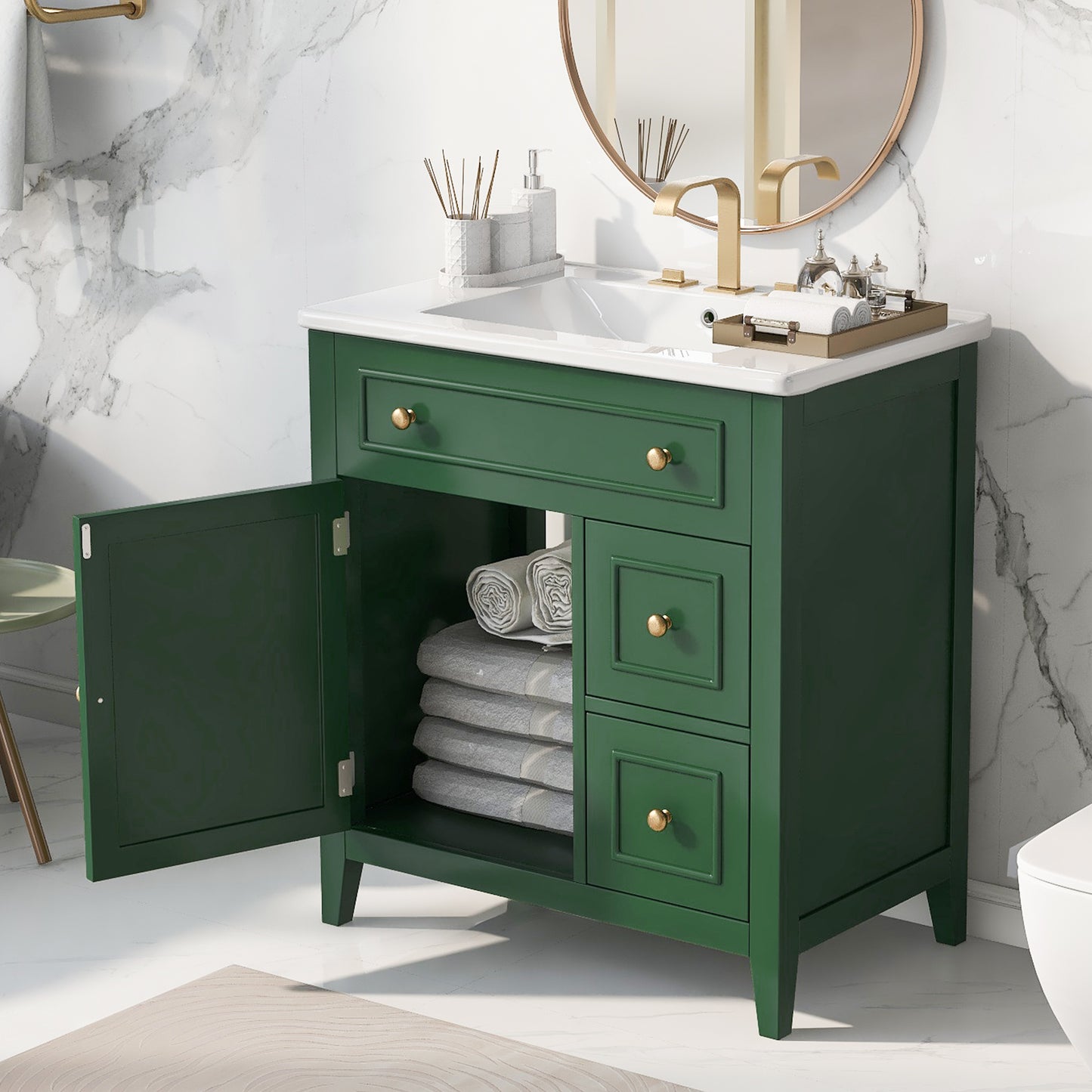 30" Bathroom Vanity with Sink Top, Solid Wood Cabinet with Door and Two Drawers, Green