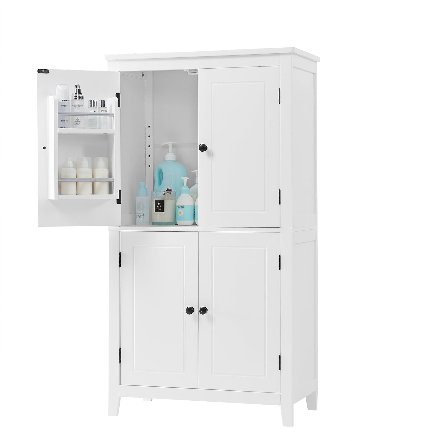 Bathroom floor storage cabinet, bathroom storage unit, 4-door independent cabinet, adjustable shelf, adaptive shelf, white