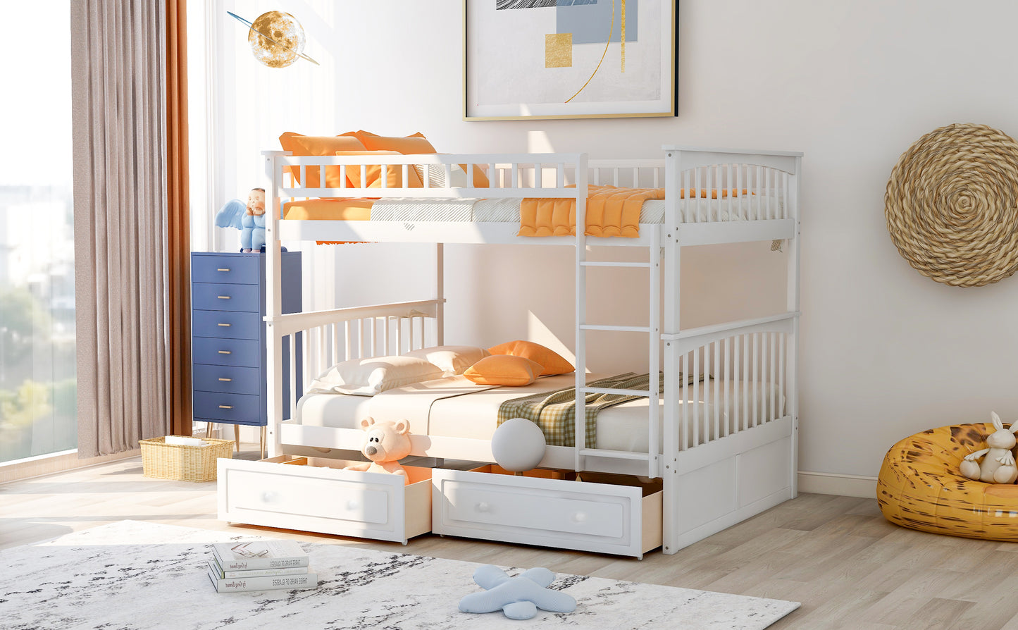 Full over Full Bunk Bed with Drawers  Convertible Beds  White