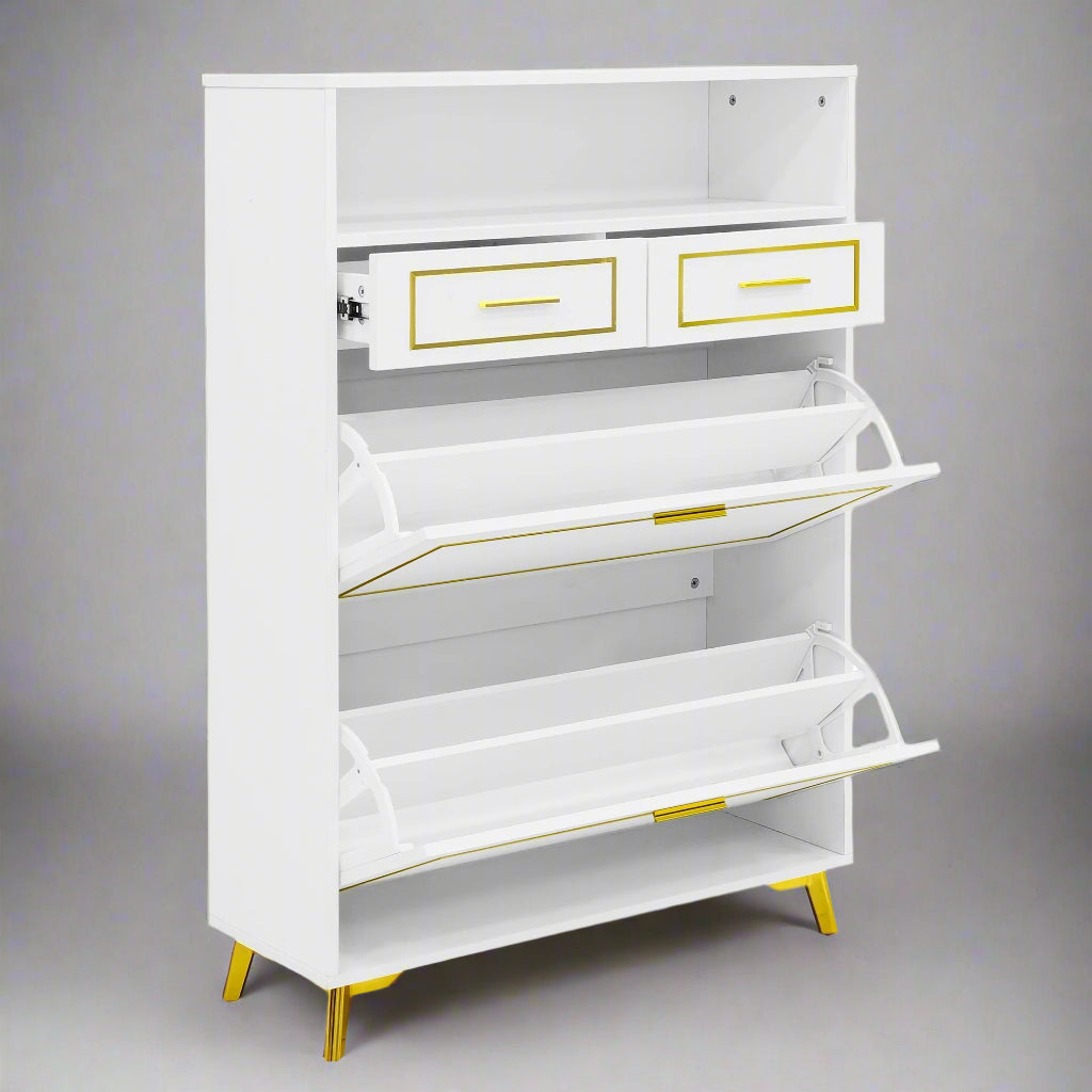 U-Can Shoe Cabinet with 2 Flip Drawers, 2 Slide Drawers, and 1 Shelf, Modern White Finish