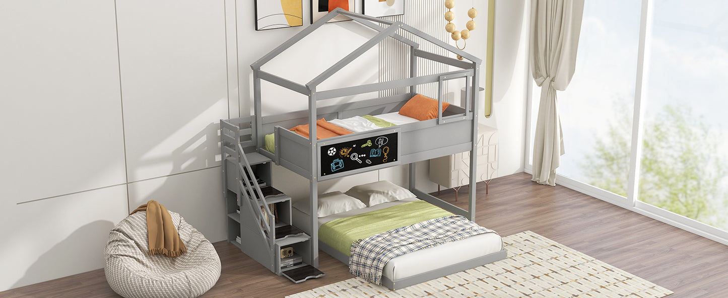 Twin over Full House Bunk Bed with Storage Staircase and Blackboard, Gray Finish