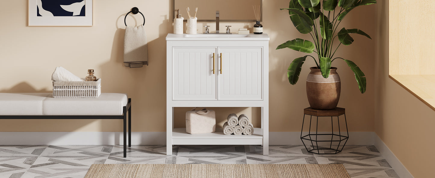 30-Inch White Bathroom Vanity with Ceramic Sink and Versatile Storage - Ideal for Small Bathrooms