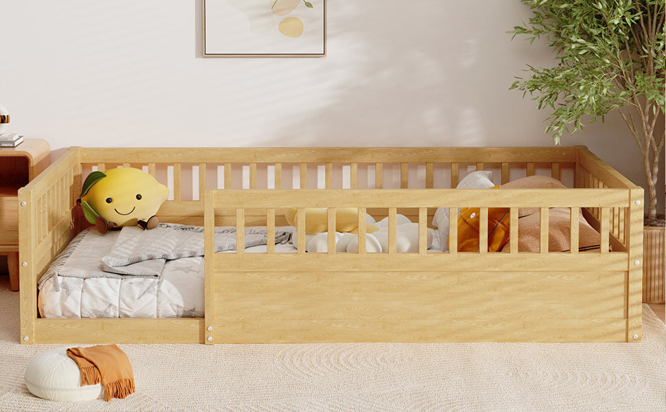 Twin Floor Bed Frame with Fence, Wood Kids Floor Beds Frame for Bedroom Playroom,Natural