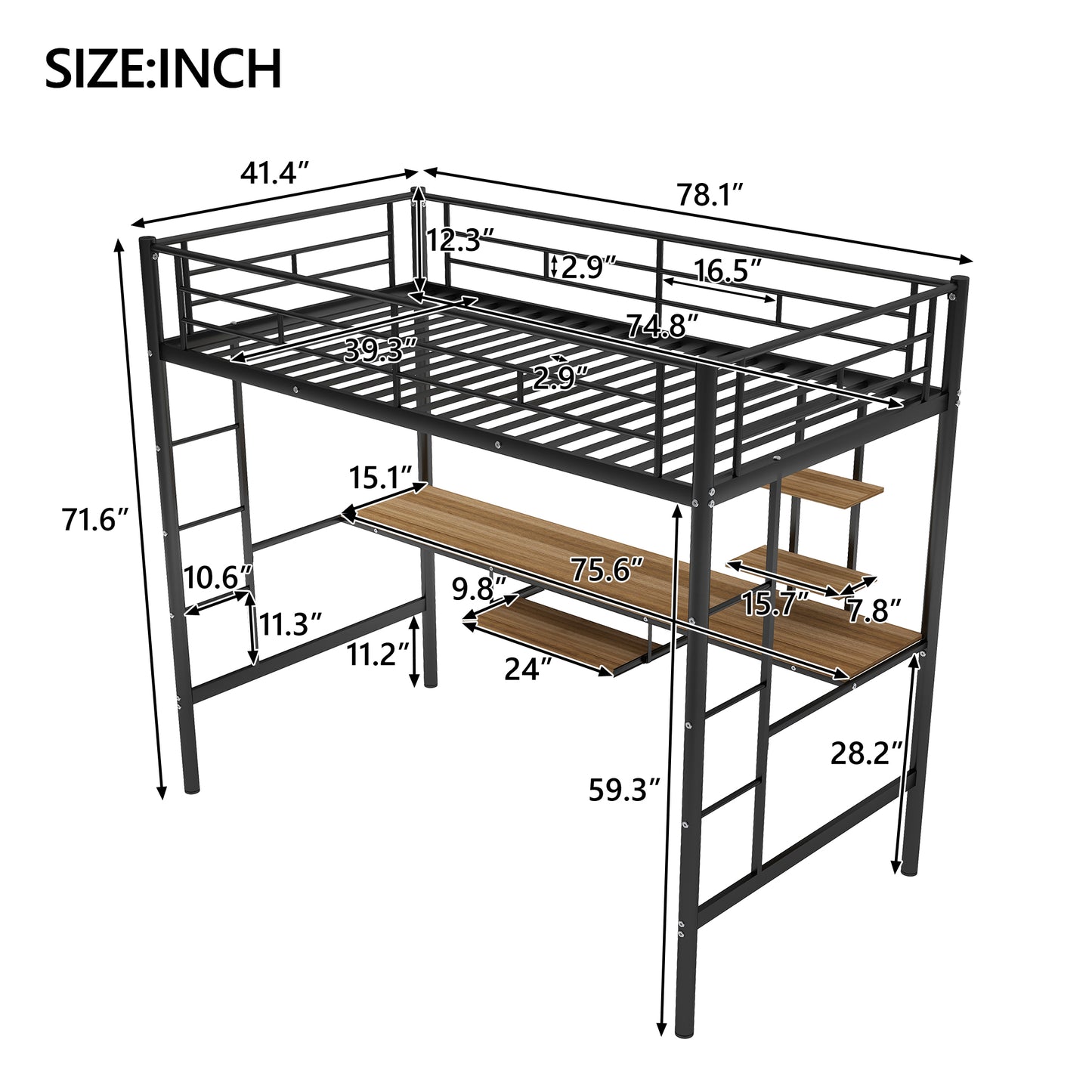 Loft Bed with Desk and Shelf   Space Saving Design Twin