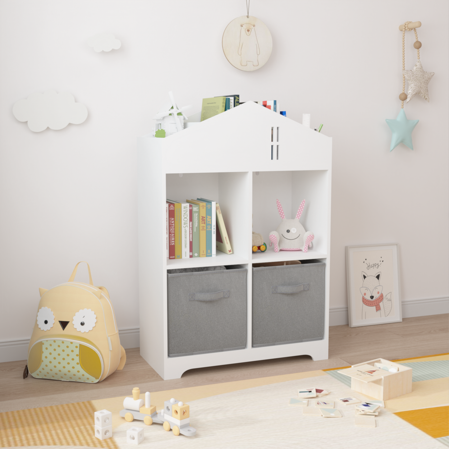 Kids Dollhouse Bookcase with Storage 2-Tier Storage Display Organizer (White/Gray)