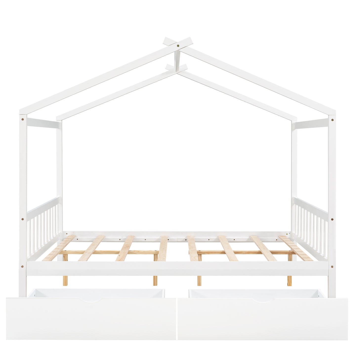 Full Size House Platform Bed with Two Drawers Headboard and Footboard,Roof Design White