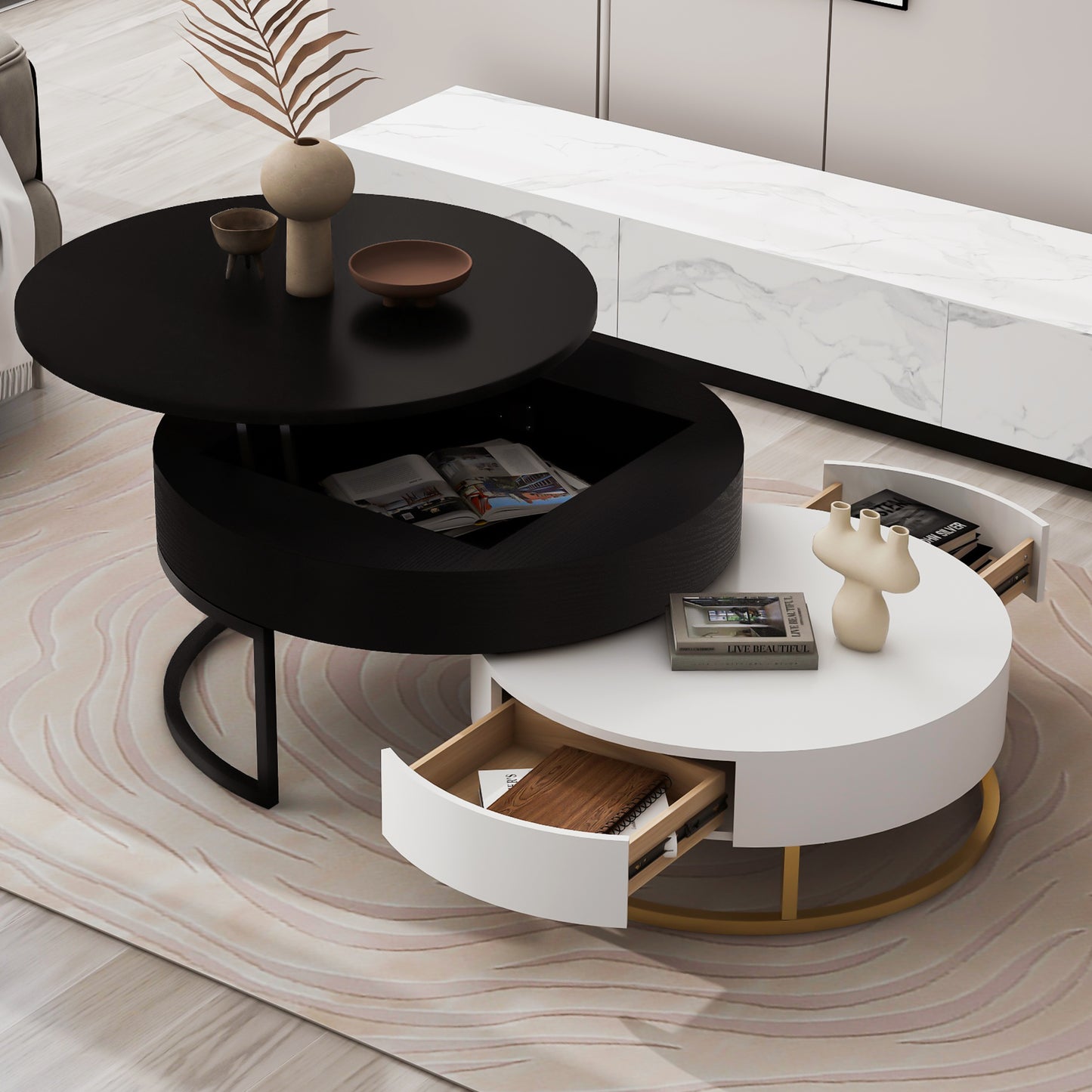 Modern Round Lift-Top Nesting Coffee Tables with 2 Drawers, White and Black Finish