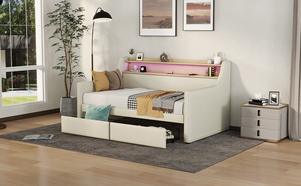 Twin Size Daybed with Storage Drawers, Upholstered Daybed with Charging Station and LED Lights, Beige