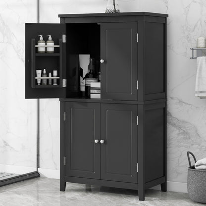 Bathroom floor storage cabinet, bathroom storage cabinet, 4-door independent cabinet, adjustable shelf, adaptive shelf, black