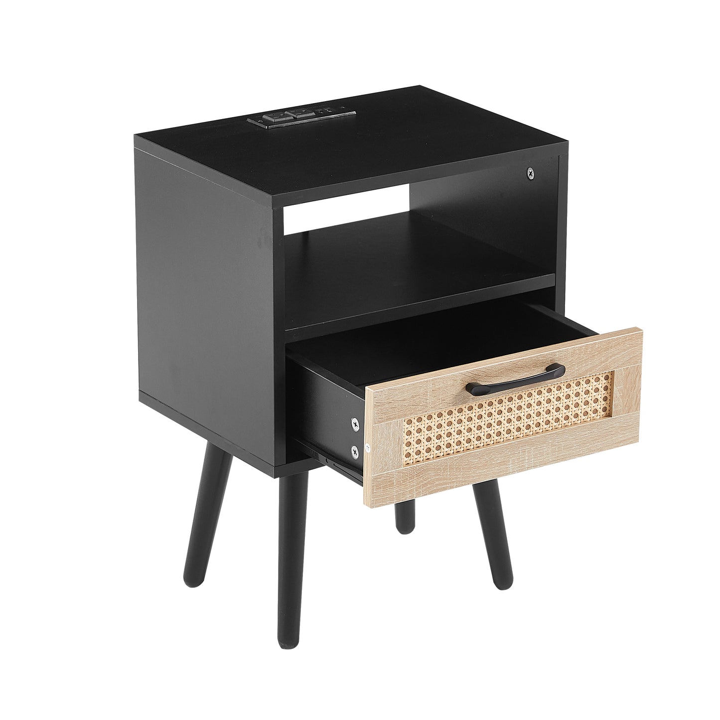 Rattan End table with Power Outlet & USB Ports Modern nightstand with drawer and solid wood legs black