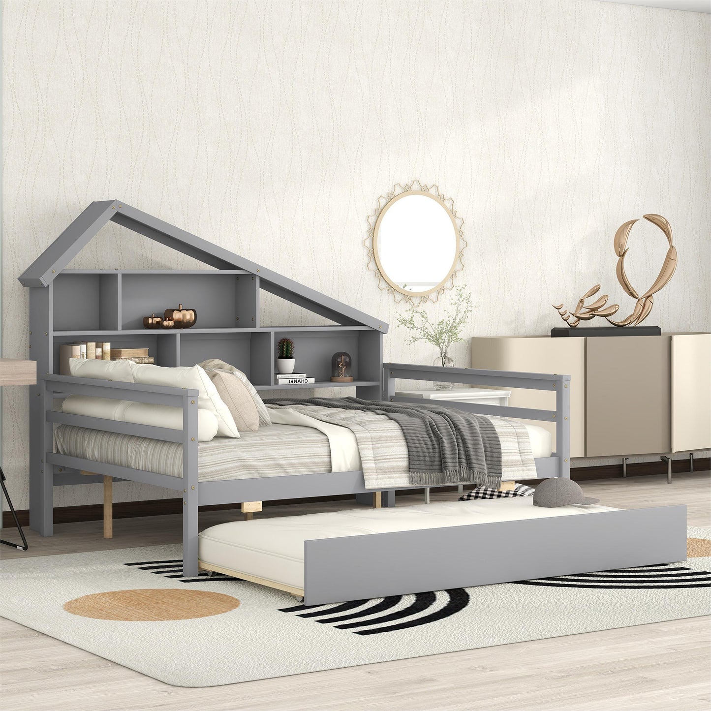 Full Size Platform Bed with Trundle and Shelves Gray