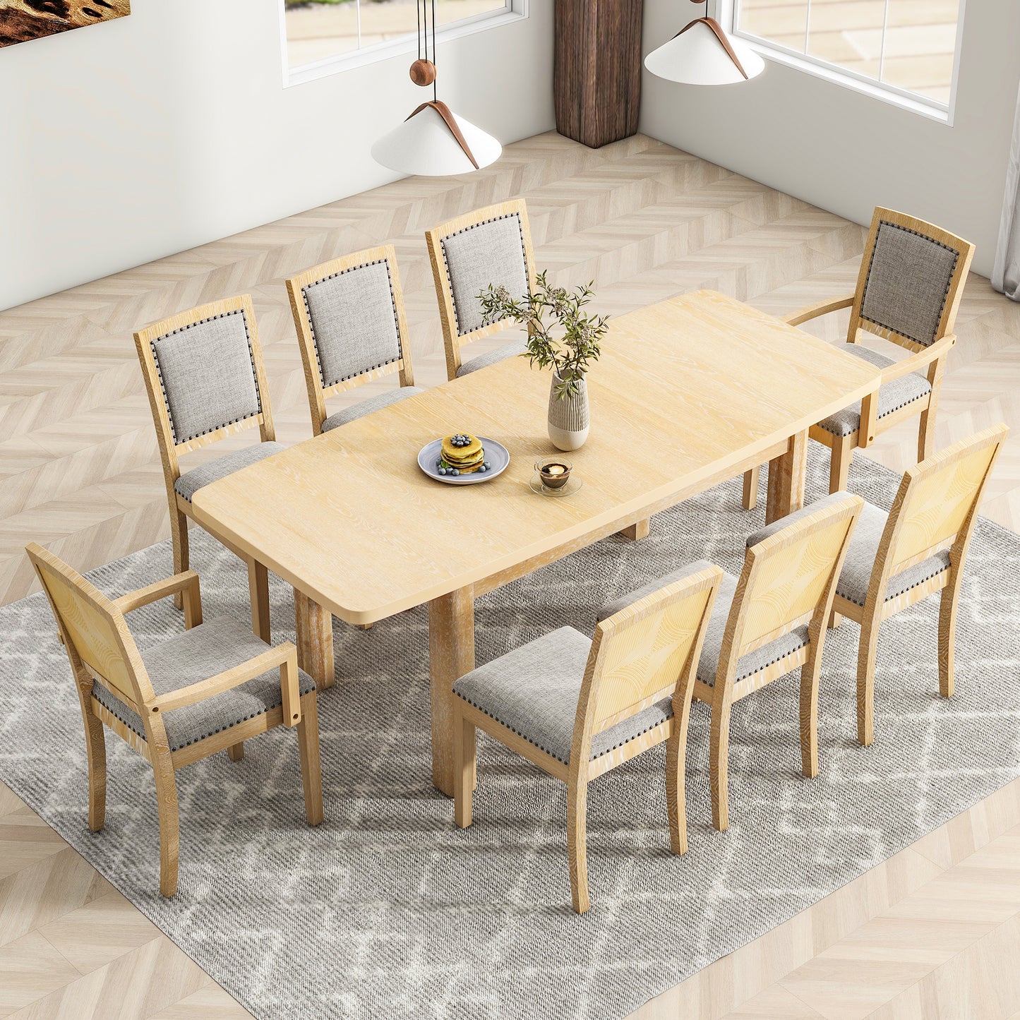 TOPMAX Expandable 84-Inch Dining Table Set with 24" Detachable Leaves, 6 Armless Chairs, and 2 Armchairs, Natural Finish