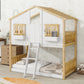 Twin over Twin House Bunk Bed with Roof , Window, Window Box, Door , with Safety Guardrails and Ladder, Natural/White