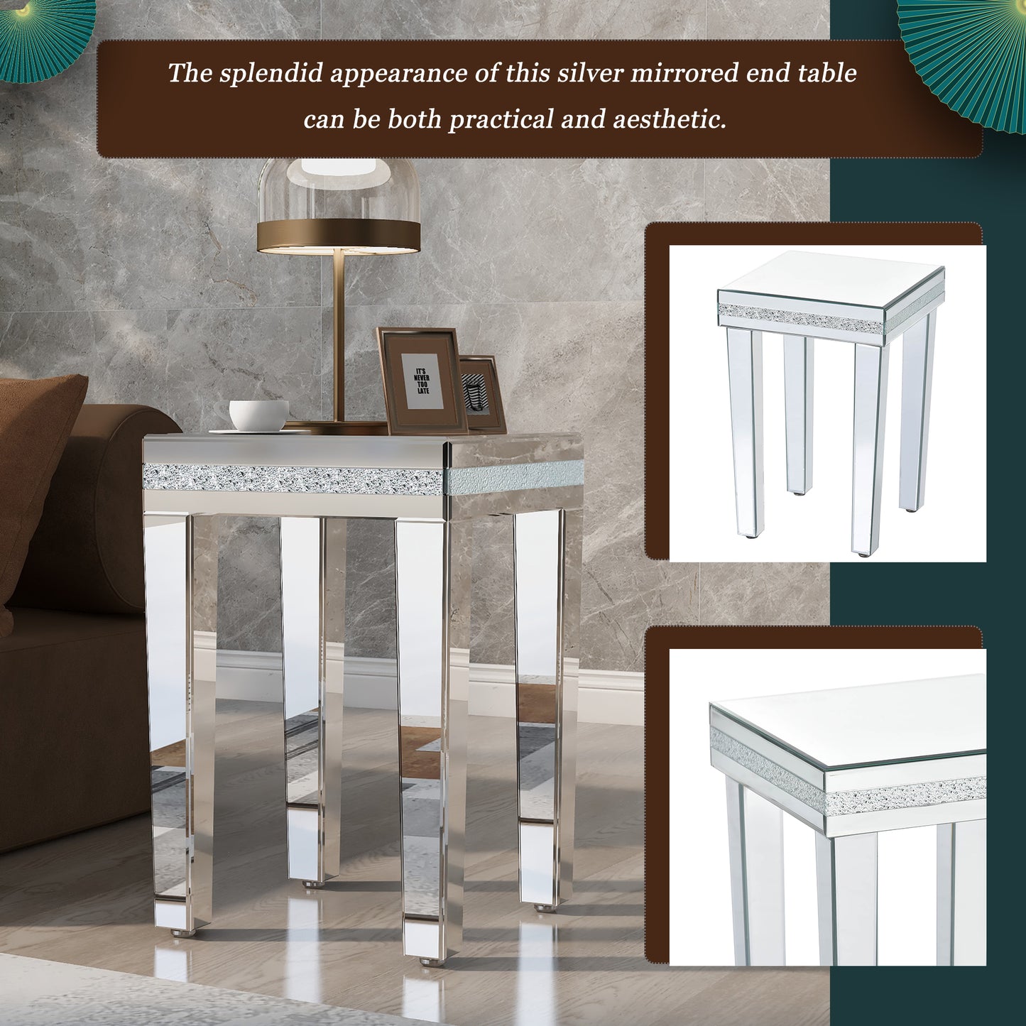 ON-TRANS glass mirror edge table, easy to assemble crystal design and adjustable height leg edge table, silver