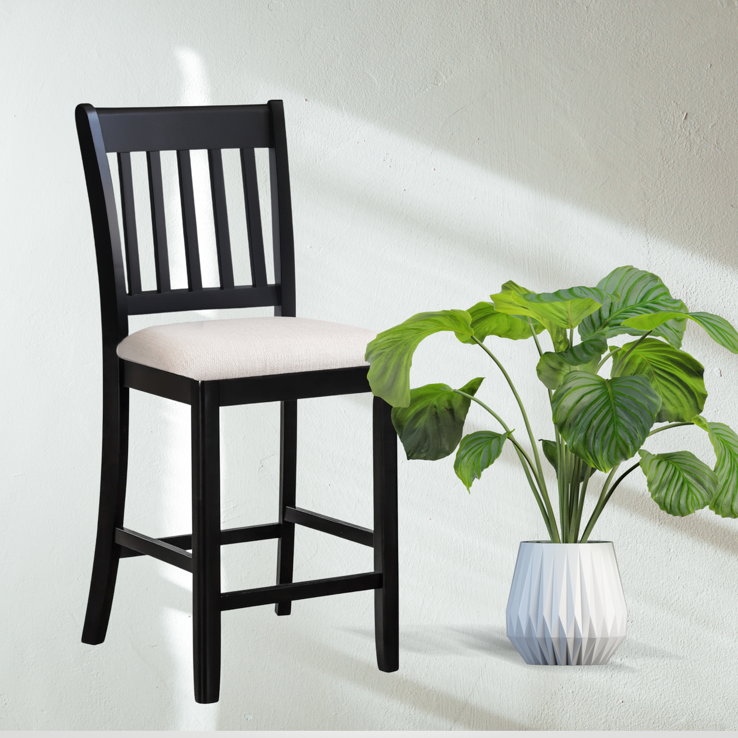 Casual Seating Black Finish Chairs, Set of 2 Rubberwood Transitional Slatted Back Dining Room Counter Chairs