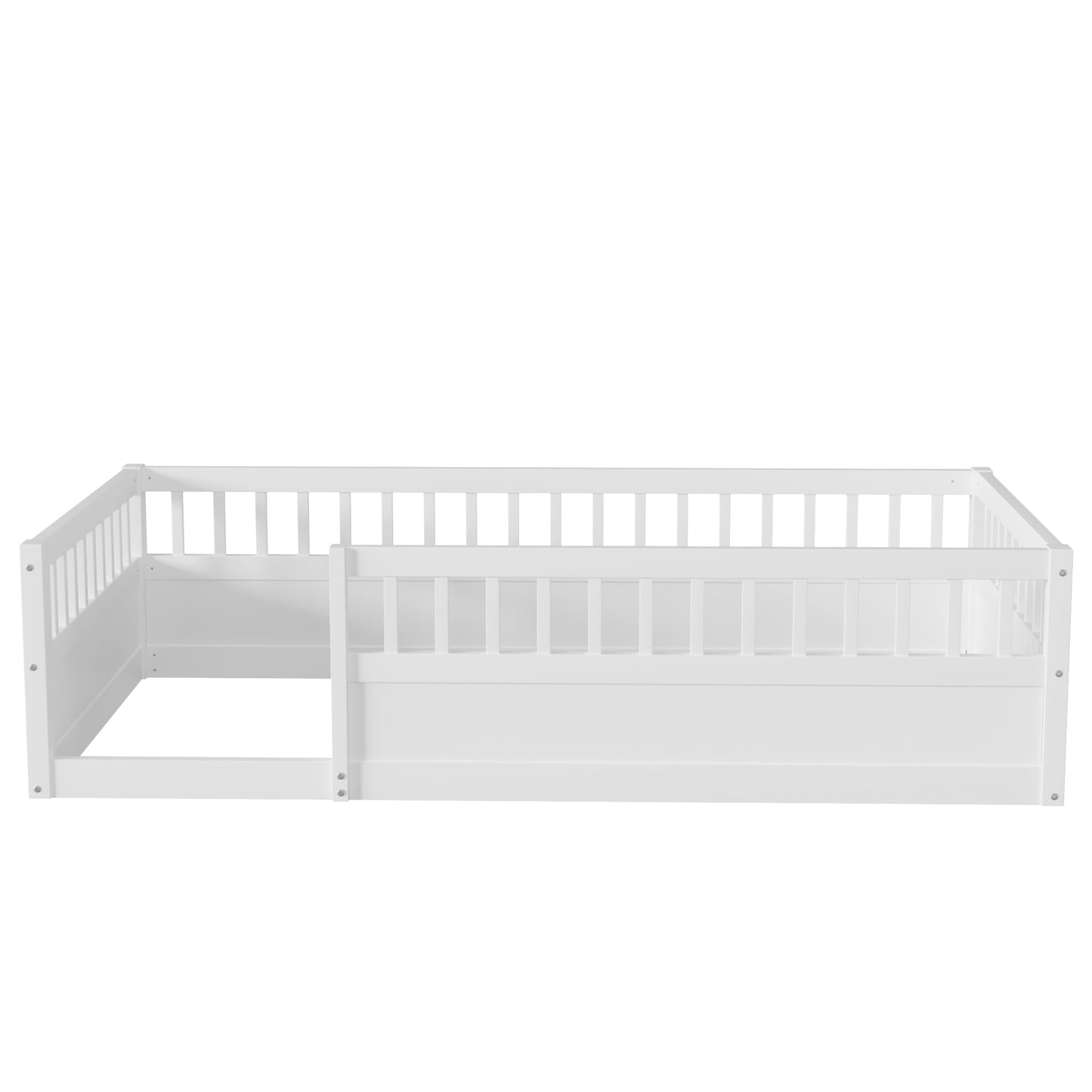 Twin Floor Bed Frame with Fence, Wood Kids Floor Beds Frame for Bedroom Playroom,White