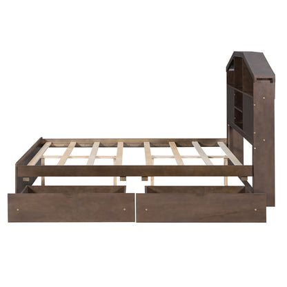 Full Platform Bed with Storage Headboard Walnut