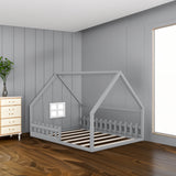 Full Size Wood House Bed with Window and Fence  Gray