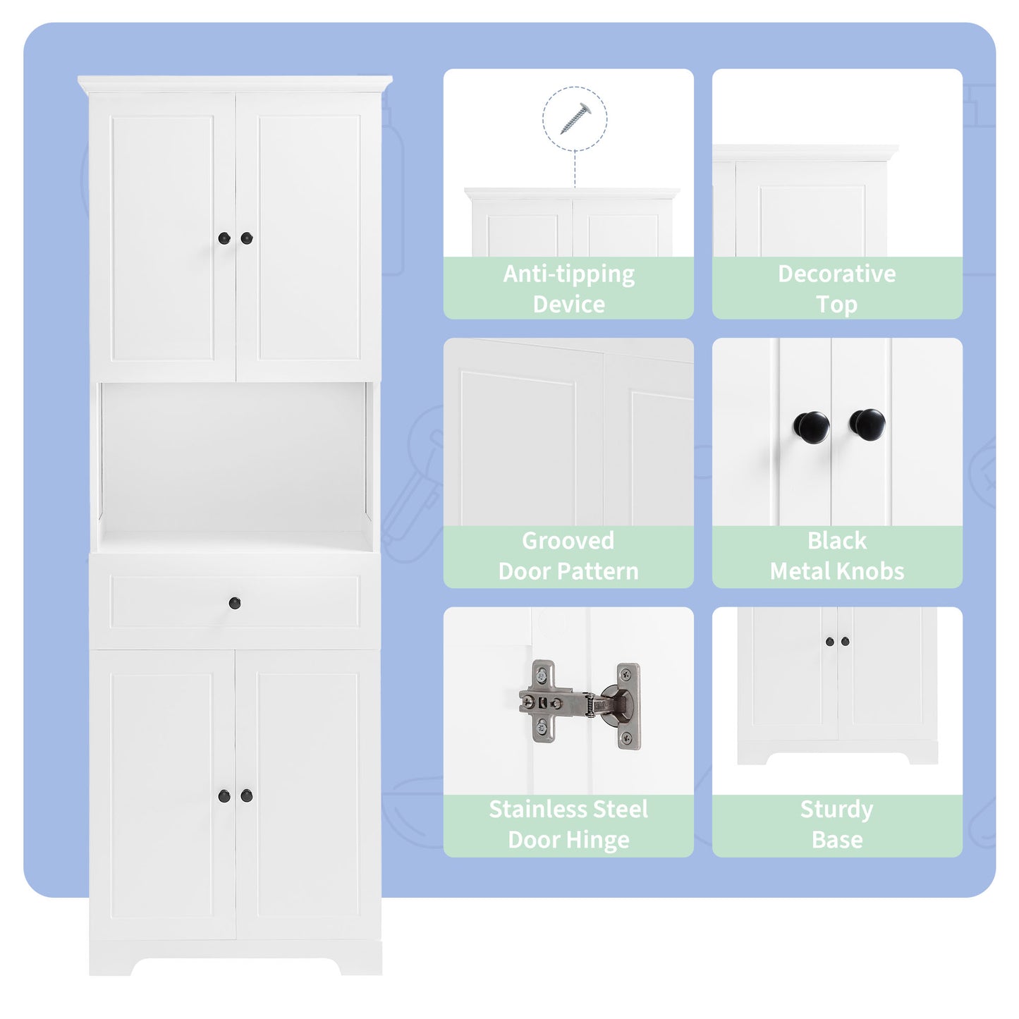 Tall Bathroom Cabinet with Four Doors, Large Storage Space Open Shelve, Upper Storage Cabinet, Whit