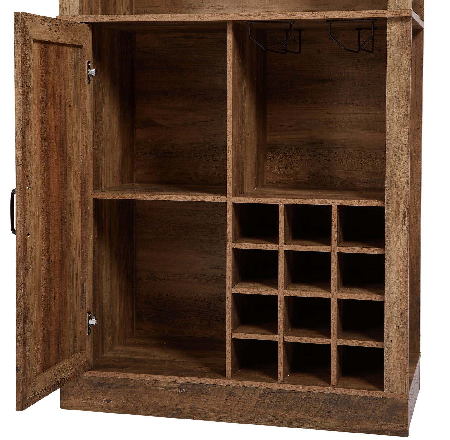 76-Inch Tall Rustic Oak Farmhouse Kitchen Faux Rattan Wine Cabinet with Square Compartments and Shelves