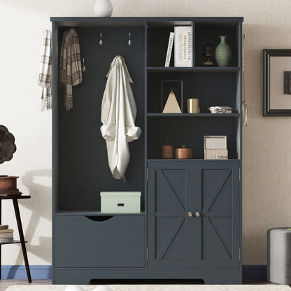 Multi-functional Hall Tree with Storage Shelves Drawers and Cabinet, Elegant Hallway Shoe Cabinet with Bench Antique Blue