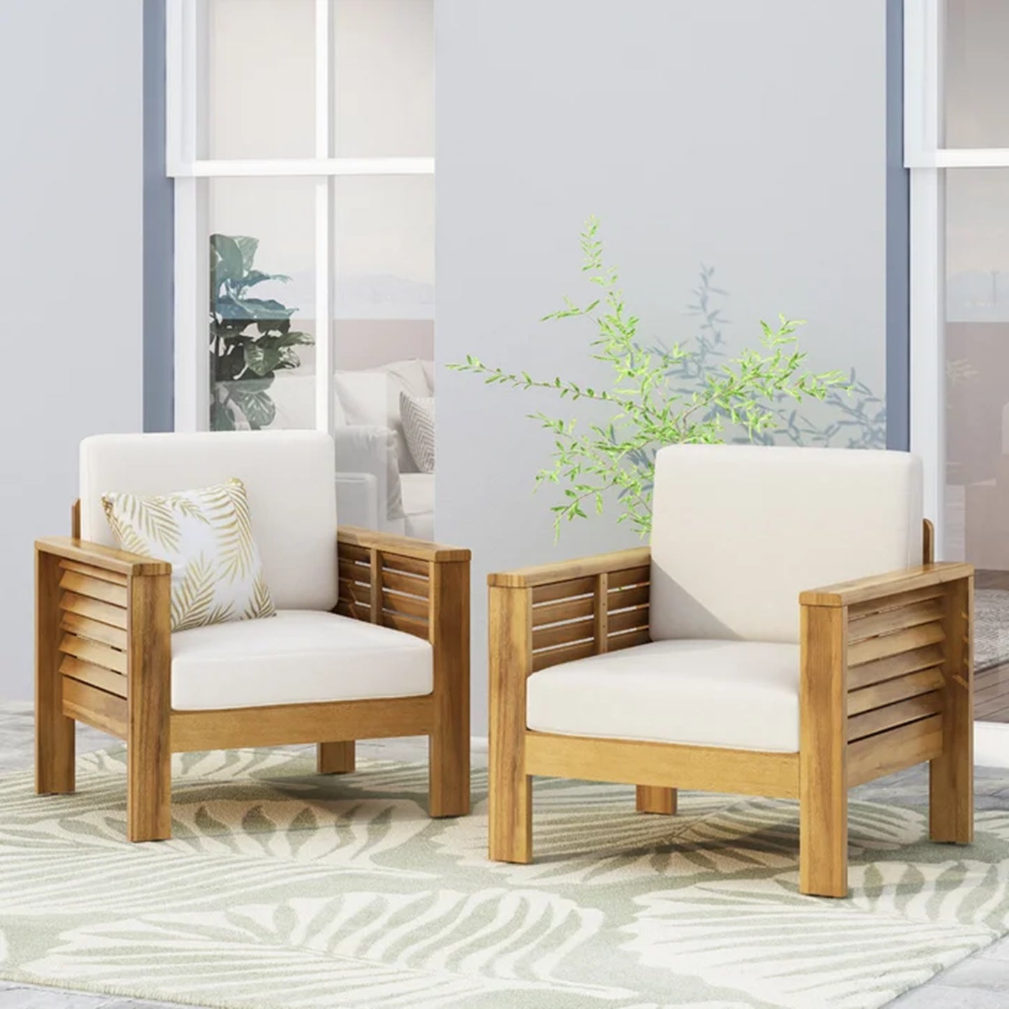 Outdoor Acacia Wood Club Chairs with Cushions, Teak+Beige