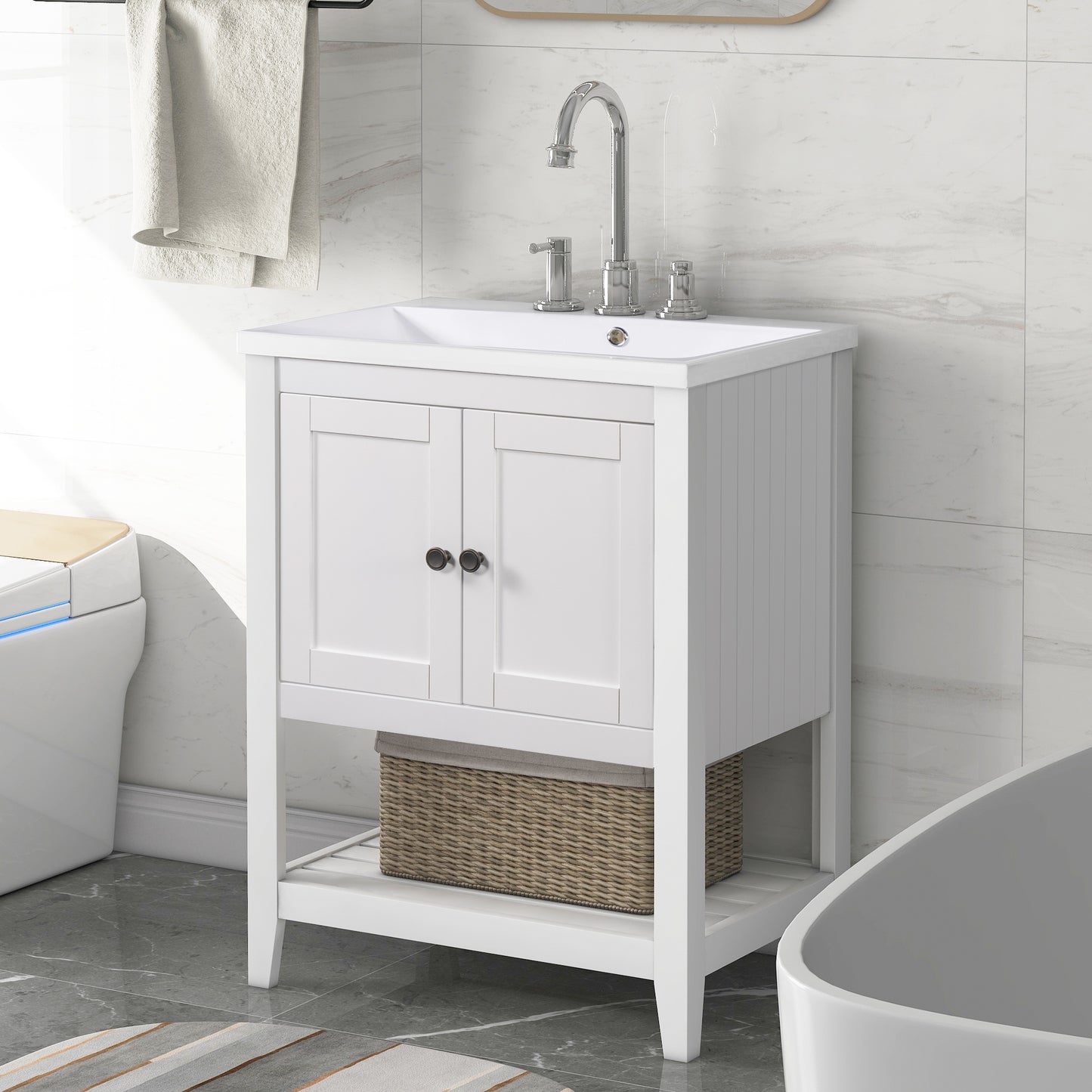 White Modern Sleek Bathroom Vanity Elegant Ceramic Sink with Solid Wood Frame Open Style Shelf