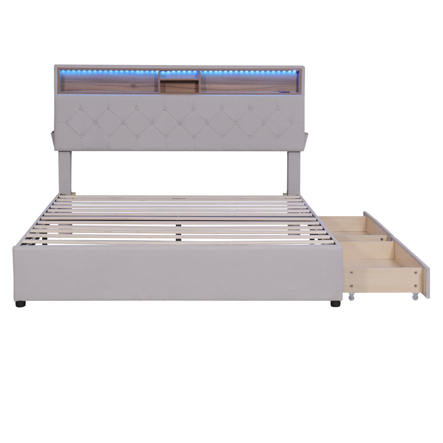 Cama tamaño queen tapizada con plataforma, cabecero con espacio de almacenamiento, luces LED, carga USB y 2 cajones, color beige